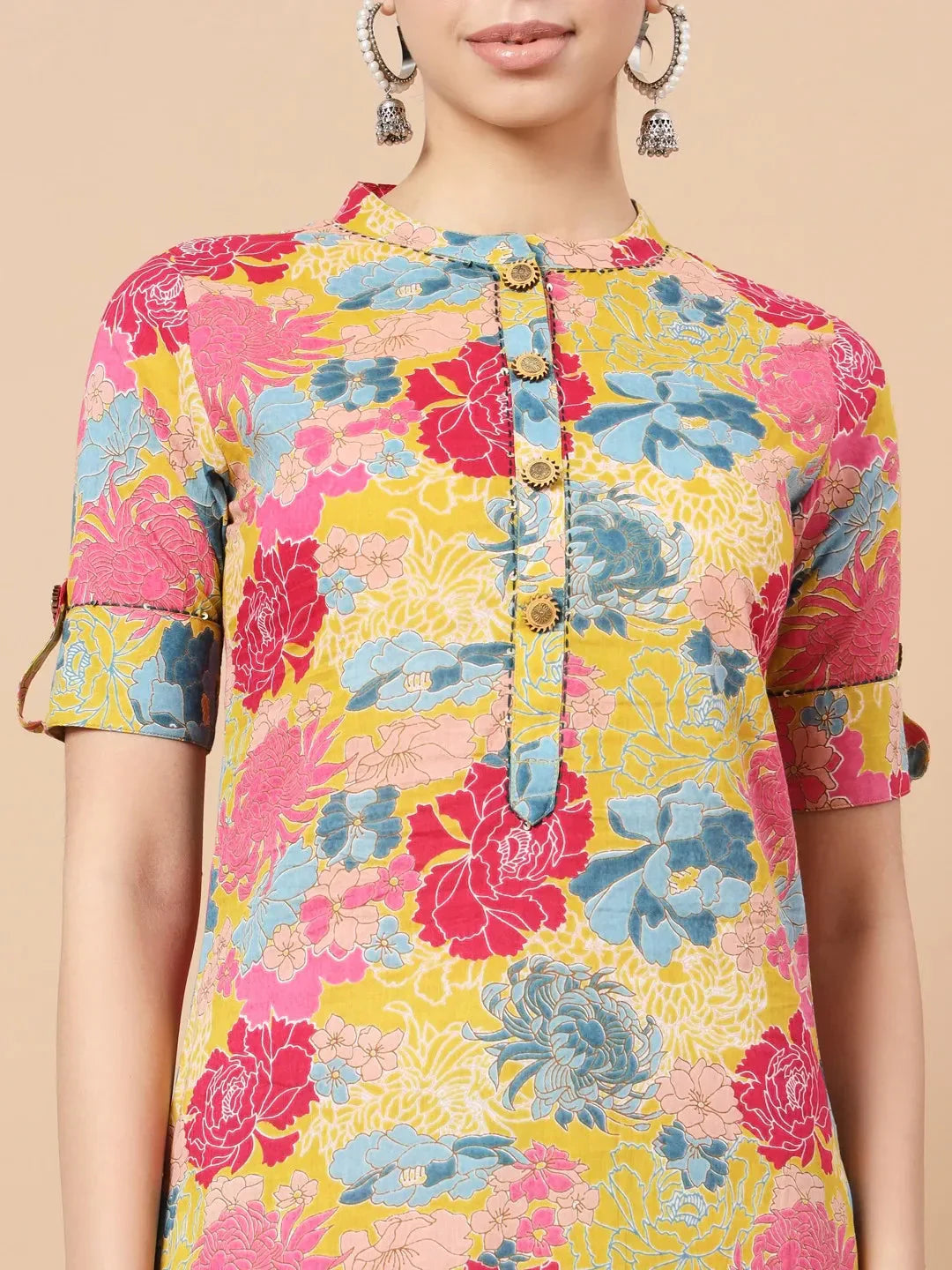 Yufta Mustard Floral Print Hand Work On Yoke Cotton Co-Ord Set - Swadesiicart