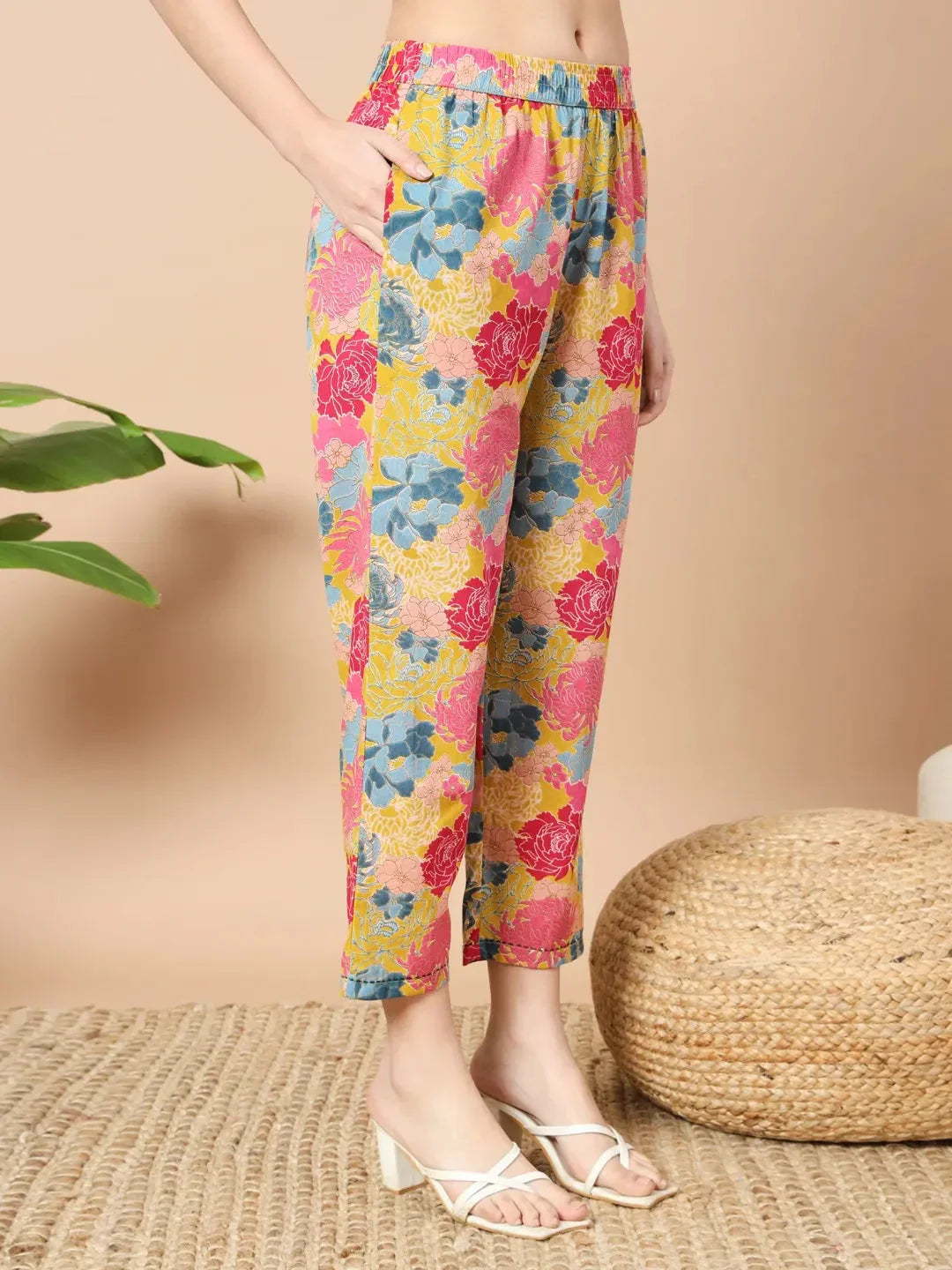 Yufta Mustard Floral Print Hand Work On Yoke Cotton Co-Ord Set - Swadesiicart