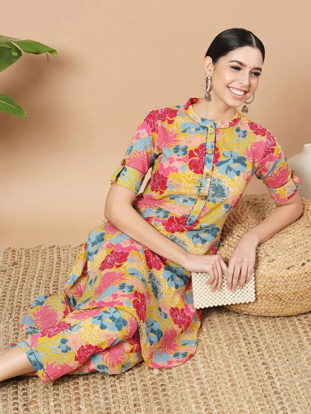 Yufta Mustard Floral Print Hand Work On Yoke Cotton Co-Ord Set - Swadesiicart