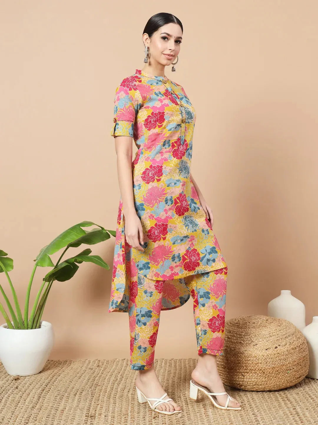 Yufta Mustard Floral Print Hand Work On Yoke Cotton Co-Ord Set - Swadesiicart