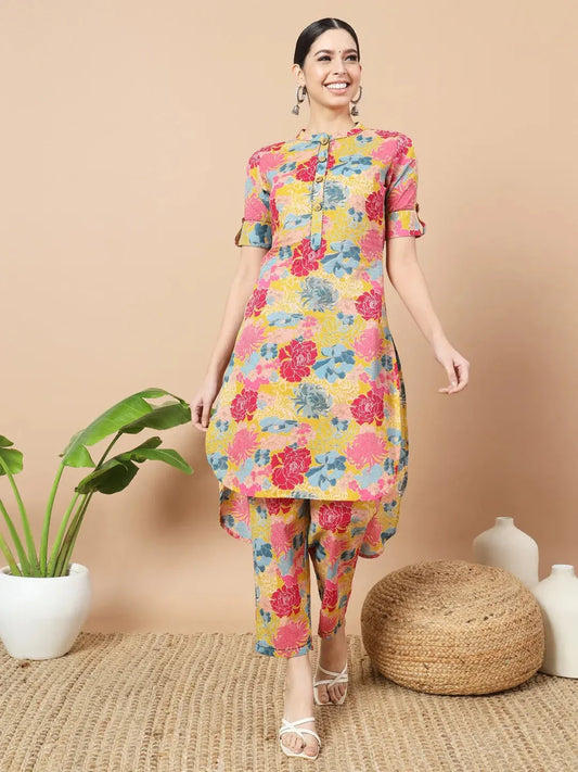 Yufta Mustard Floral Print Hand Work On Yoke Cotton Co-Ord Set - Swadesiicart