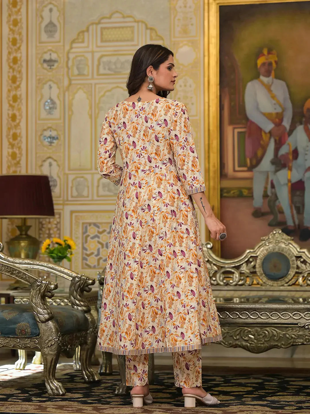 Yufta Mustard Leaf Print Zari Work Anarkali Kurta Trouser With Dupatta Set - Swadesiicart