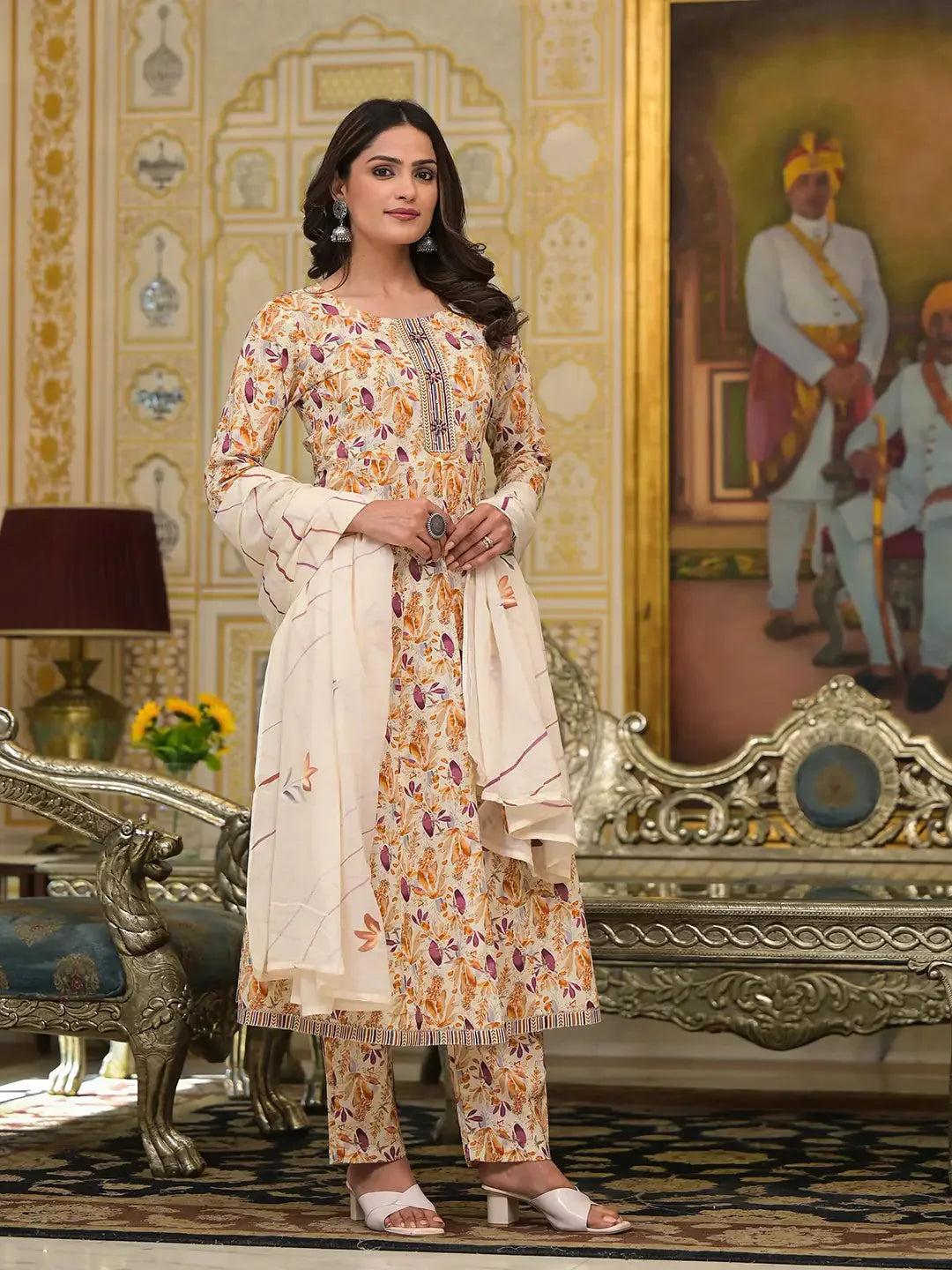 Yufta Mustard Leaf Print Zari Work Anarkali Kurta Trouser With Dupatta Set - Swadesiicart