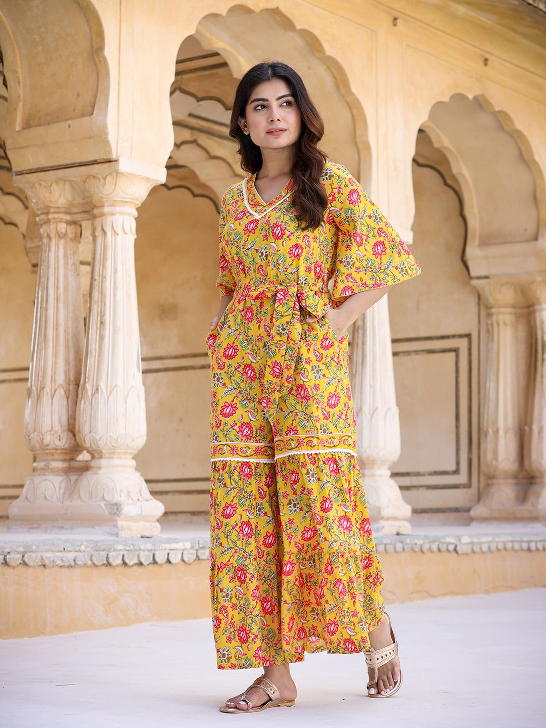 Yufta Mustard Printed Jumpsuit - Swadesiicart