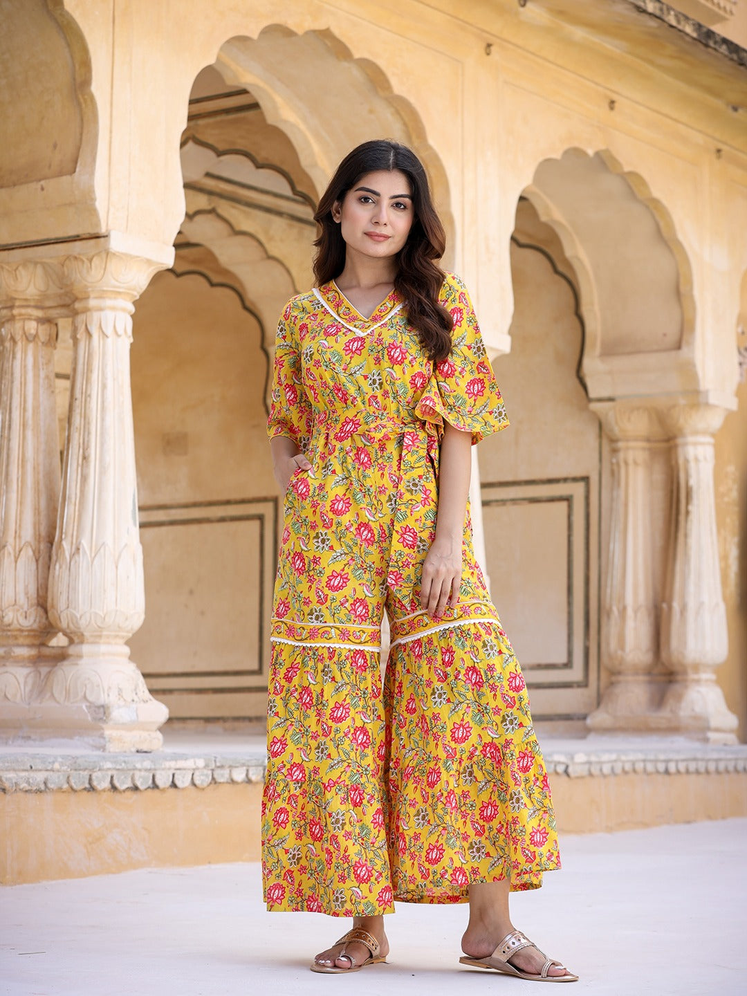 Yufta Mustard Printed Jumpsuit - Swadesiicart