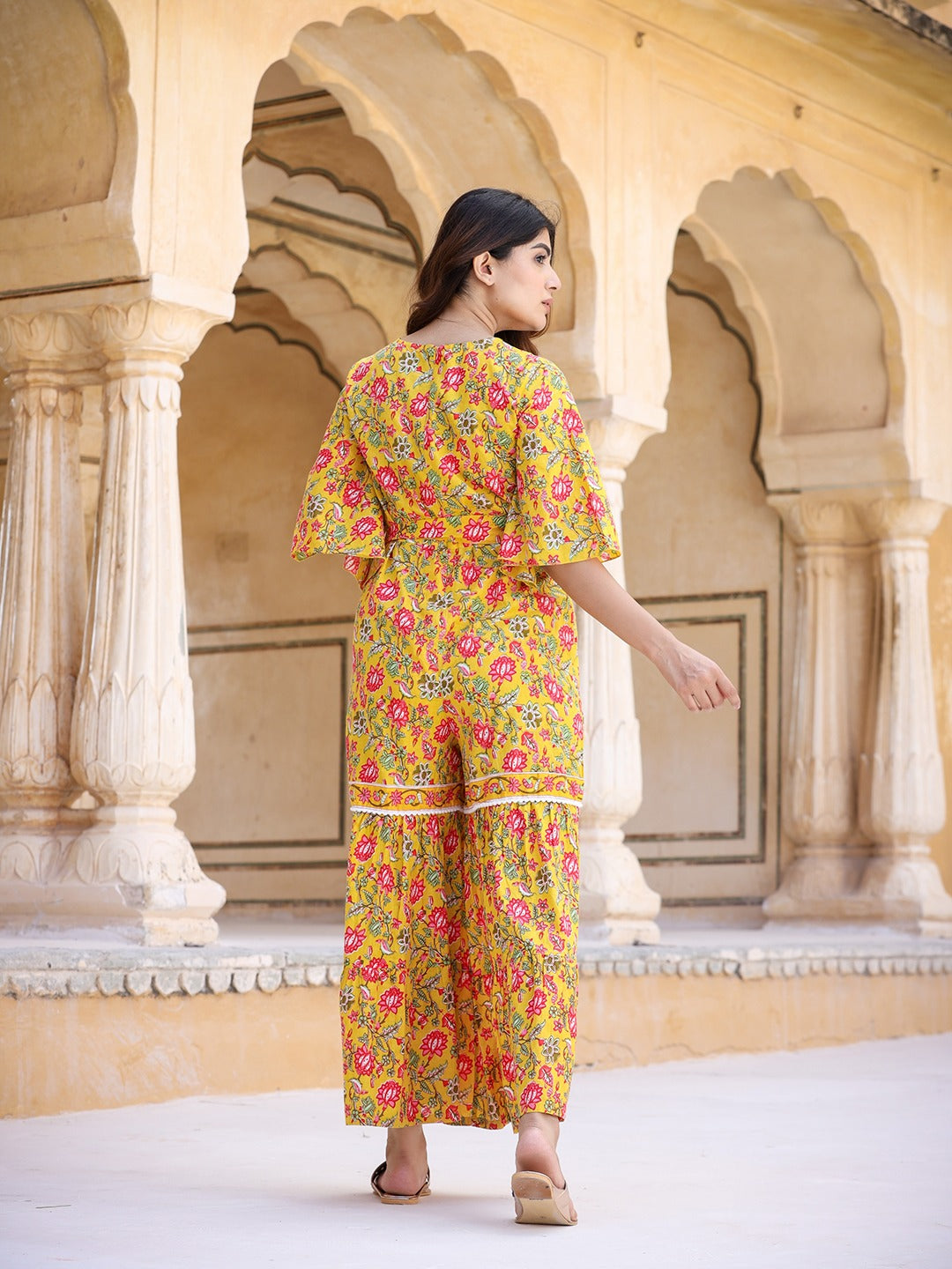Yufta Mustard Printed Jumpsuit - Swadesiicart