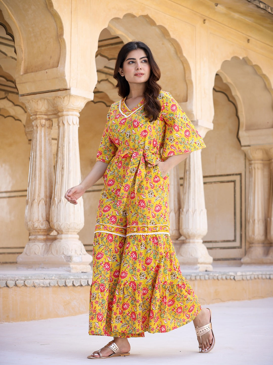 Yufta Mustard Printed Jumpsuit - Swadesiicart