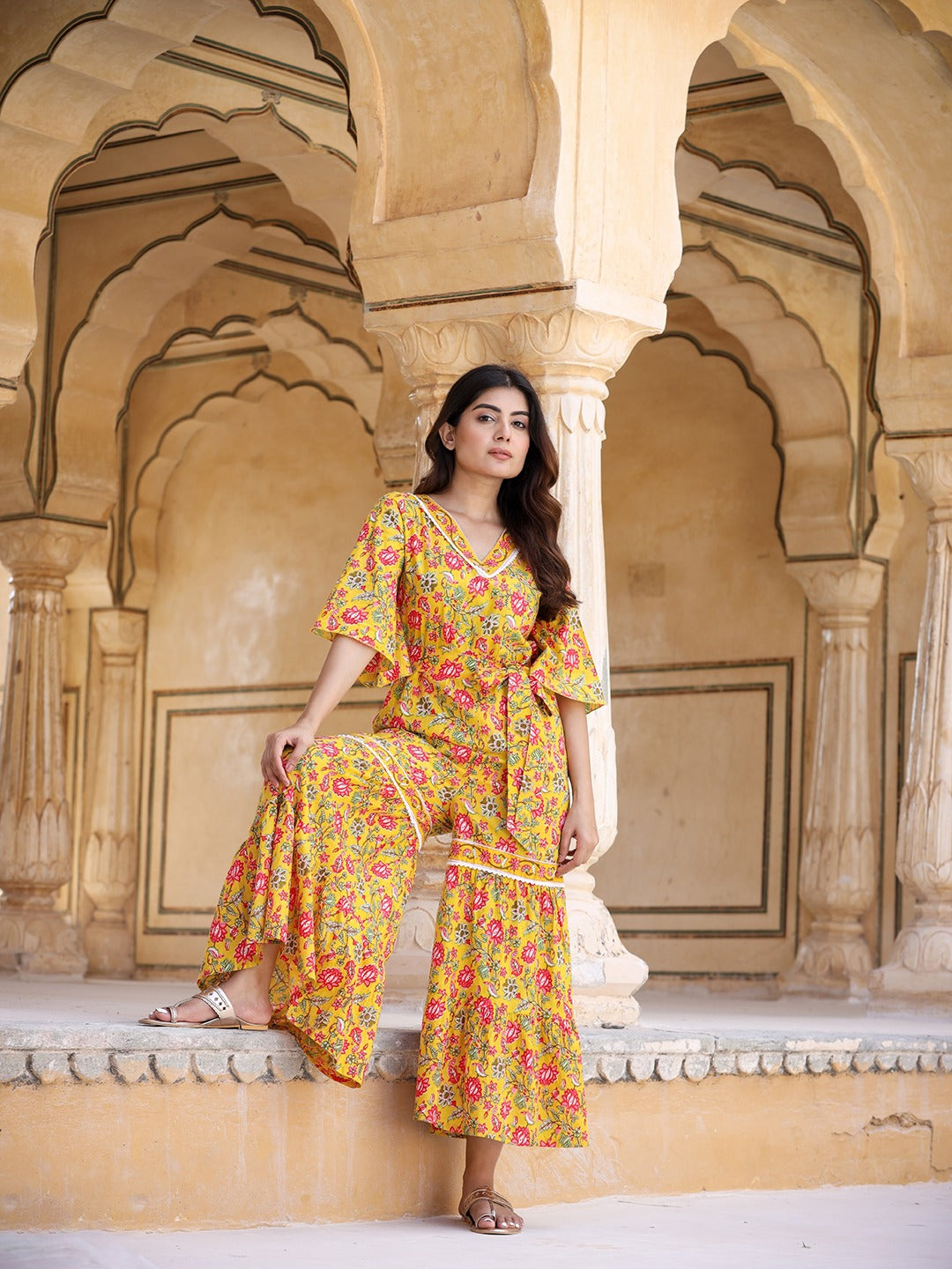 Yufta Mustard Printed Jumpsuit - Swadesiicart