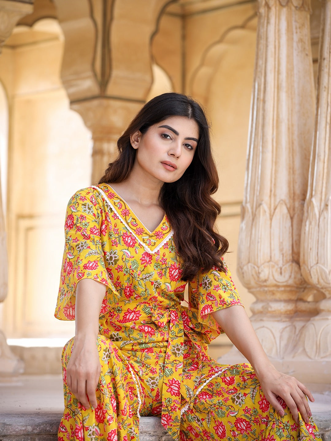 Yufta Mustard Printed Jumpsuit - Swadesiicart