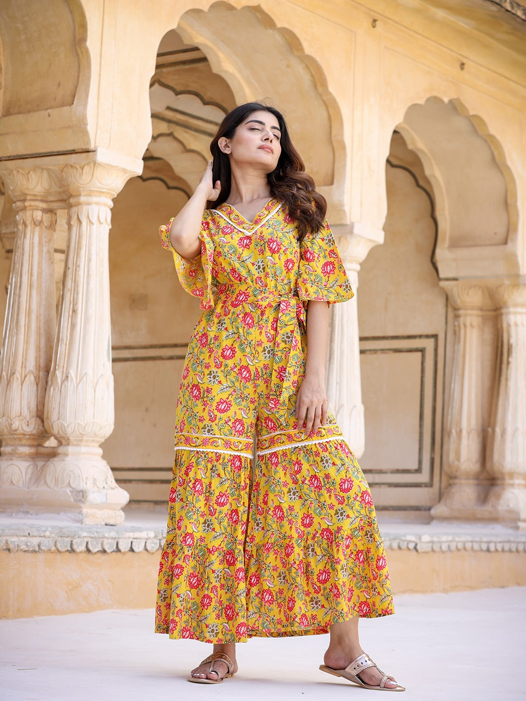 Yufta Mustard Printed Jumpsuit - Swadesiicart