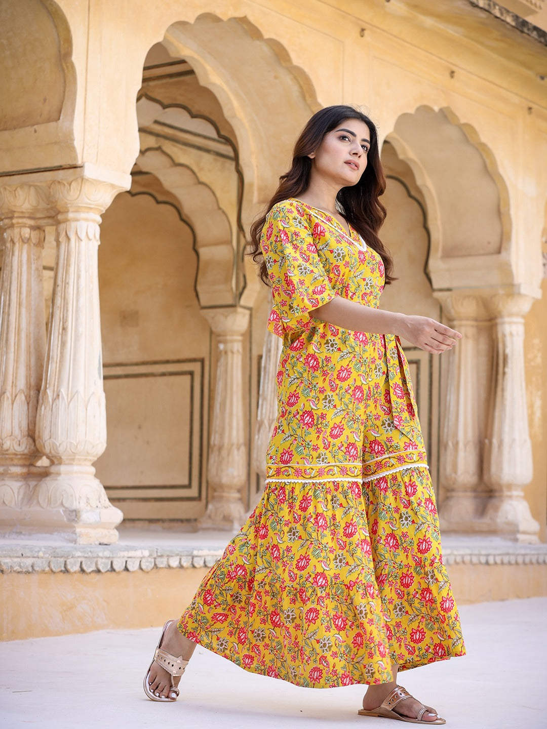 Yufta Mustard Printed Jumpsuit - Swadesiicart