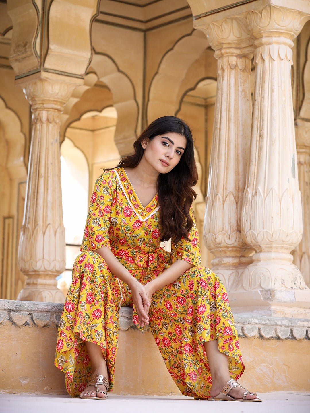 Yufta Mustard Printed Jumpsuit - Swadesiicart