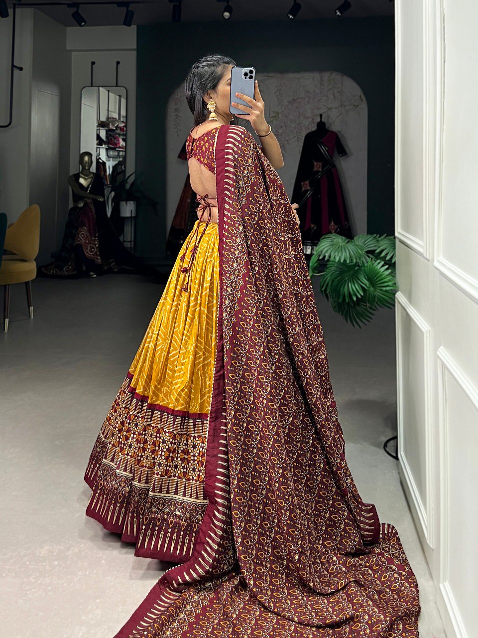 Lorenvalley Mustard Tussar Silk Bandhej And Ajarakh Print Lehenga Choli with Dupatta | Swadesiicart