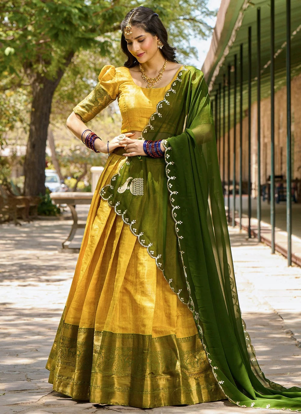 Lorenvalley Mustard Kanjivaram Silk Zari Weaving Lehenga Choli with Dupatta | Swadesiicart