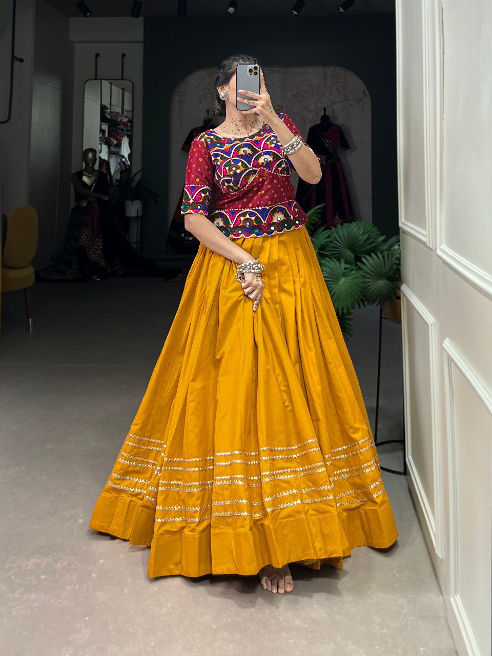 Lorenvalley Pure Cotton Mustard Plain With Gota Patti Touch Up Lehenga Choli | Swadesiicart