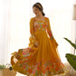 Lorenvalley Parrot Soft Organza Silk With Floral Print Fully Flared Anarkali Pant With Dupatta Set - Mustard | Swadesiicart