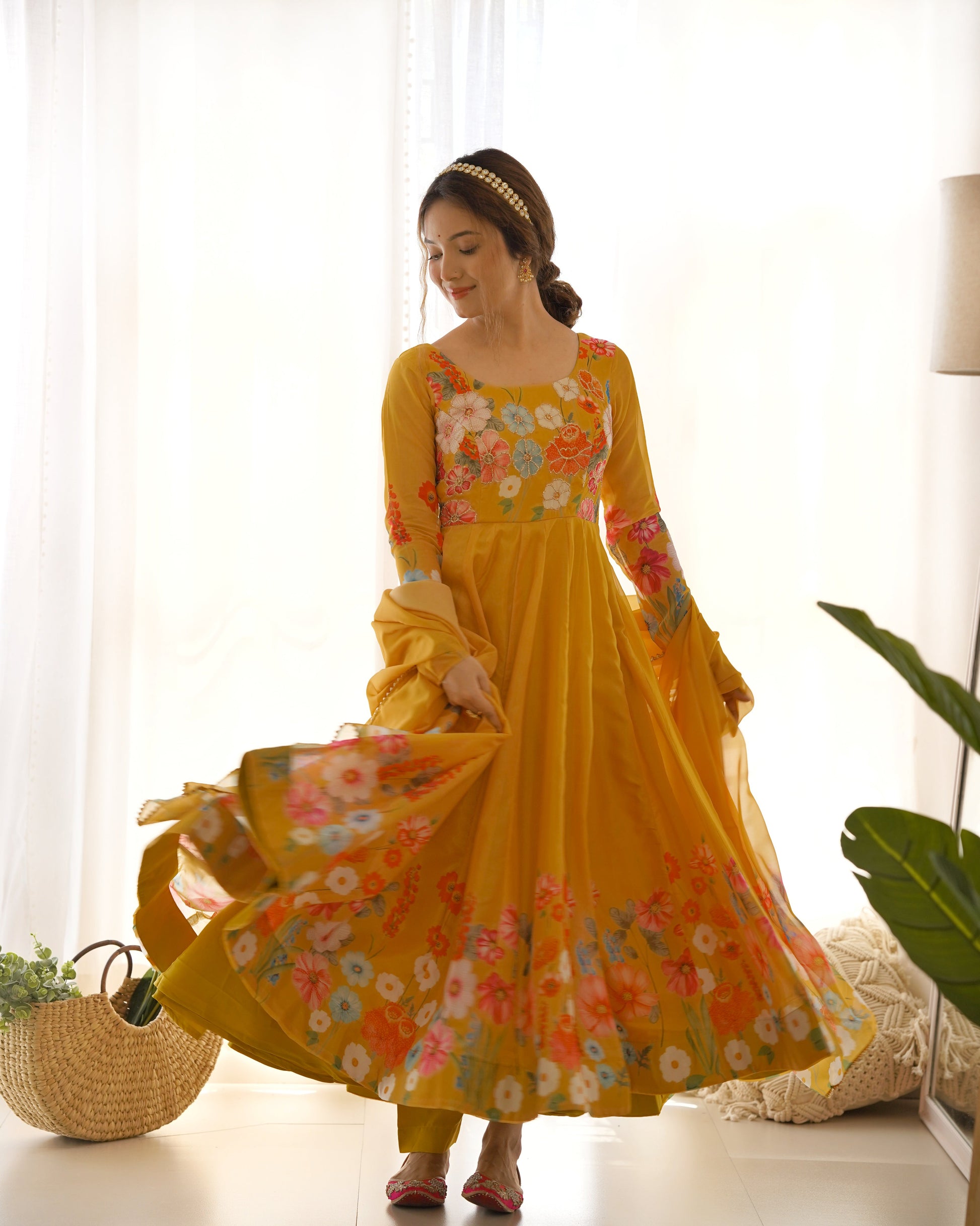 Lorenvalley Parrot Soft Organza Silk With Floral Print Fully Flared Anarkali Pant With Dupatta Set - Mustard | Swadesiicart