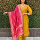 Lorenvalley Fashion Mustard Roman Silk Hand Work Kurta Pant with Dupatta - Swadesiicart