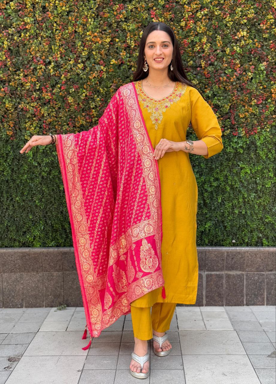 Lorenvalley Fashion Mustard Roman Silk Hand Work Kurta Pant with Dupatta - Swadesiicart