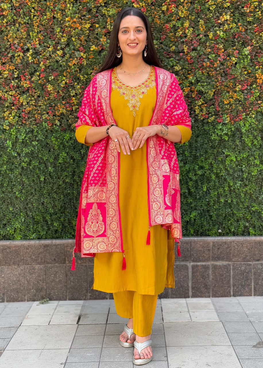 Lorenvalley Fashion Mustard Roman Silk Hand Work Kurta Pant with Dupatta - Swadesiicart