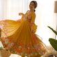 Lorenvalley Parrot Soft Organza Silk With Floral Print Fully Flared Anarkali Pant With Dupatta Set - Mustard | Swadesiicart