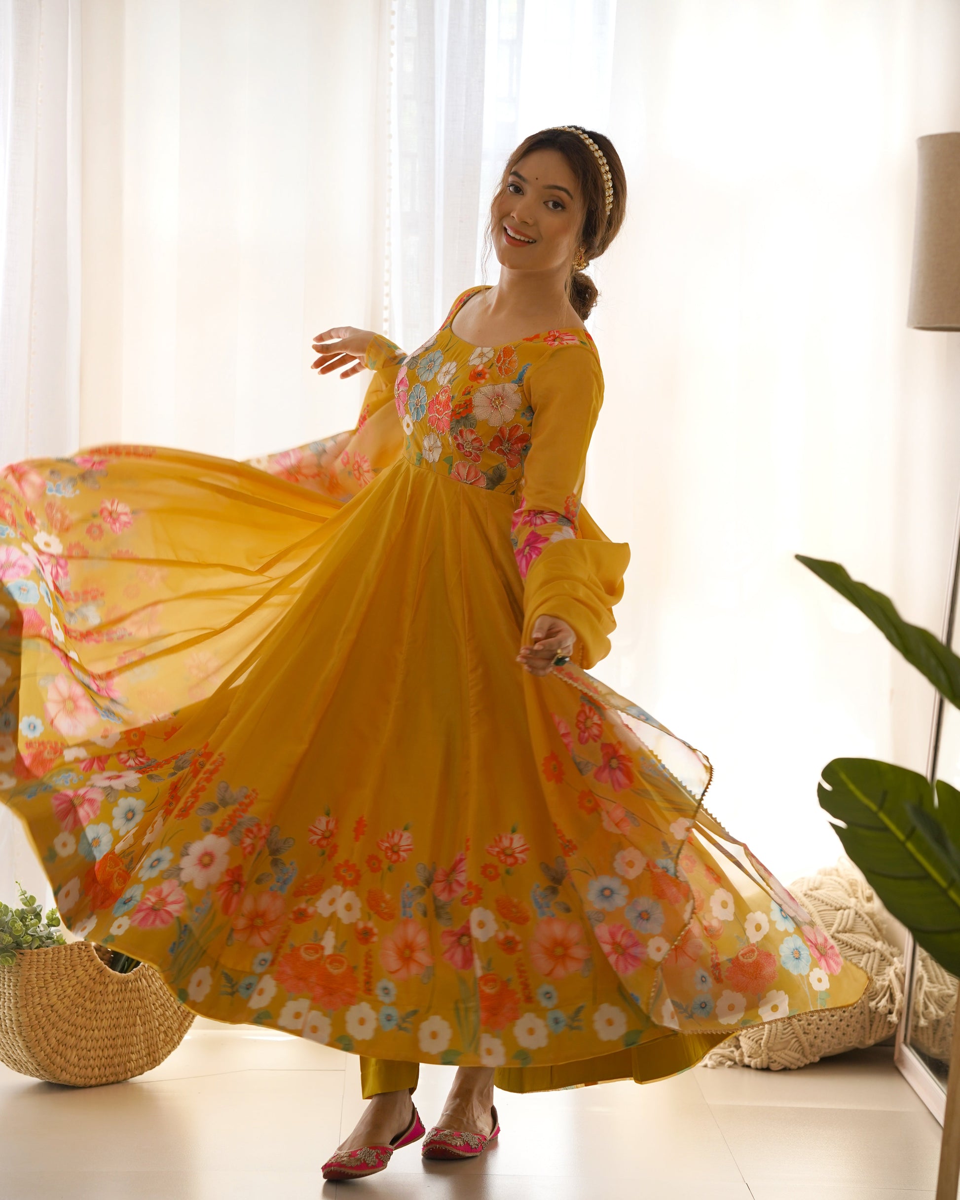 Lorenvalley Parrot Soft Organza Silk With Floral Print Fully Flared Anarkali Pant With Dupatta Set - Mustard | Swadesiicart