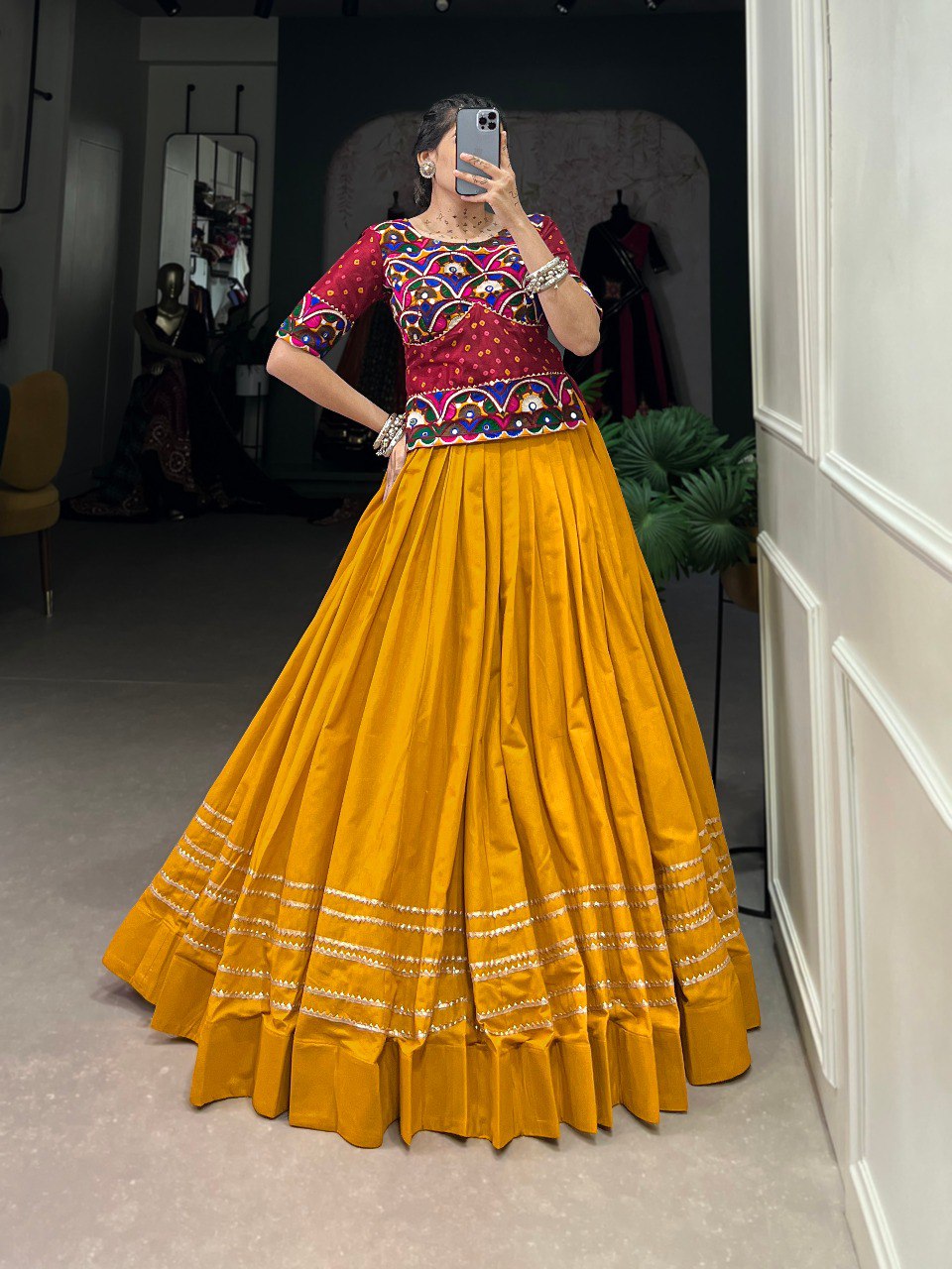 Lorenvalley Pure Cotton Mustard Plain With Gota Patti Touch Up Lehenga Choli | Swadesiicart