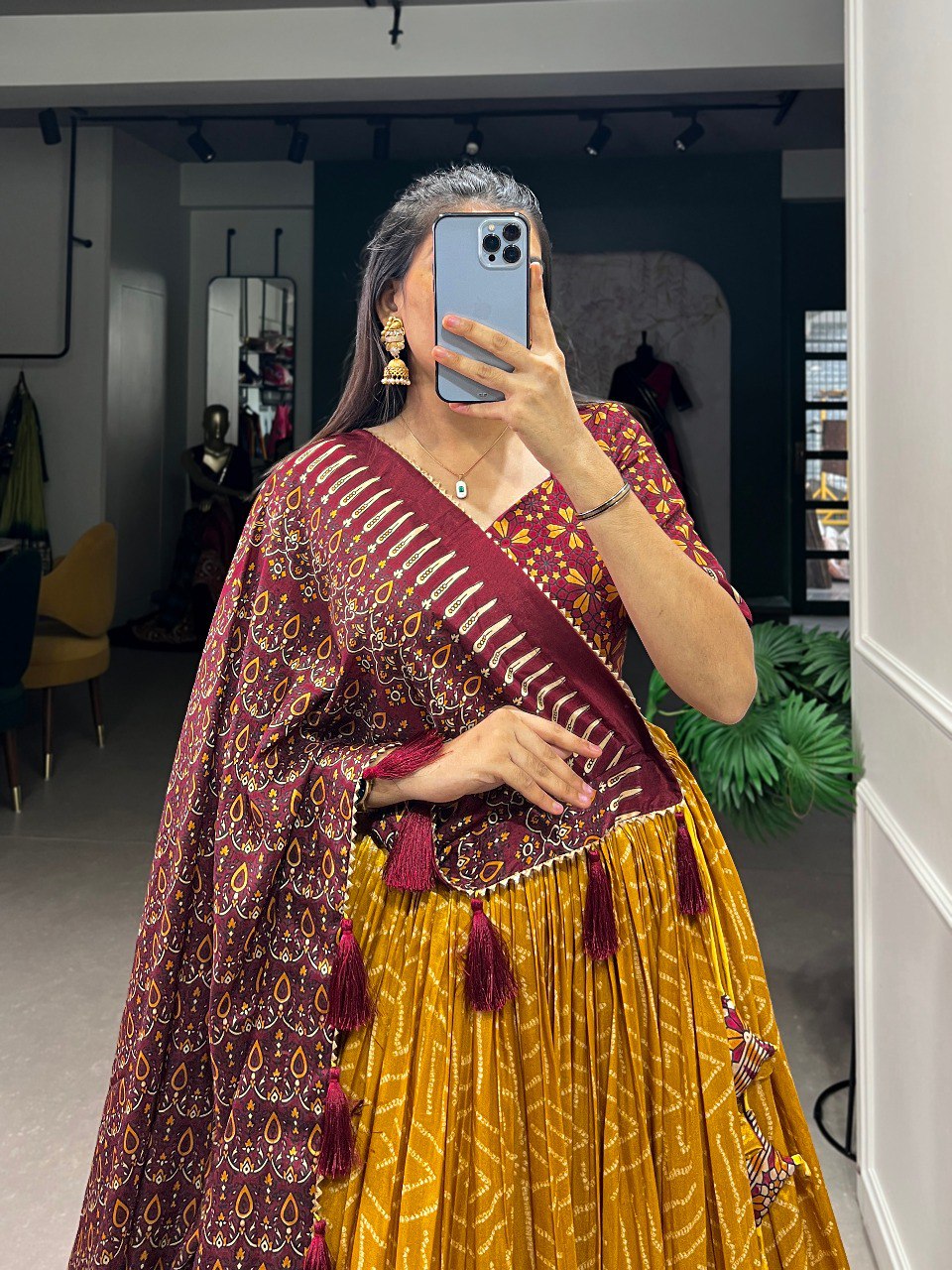 Lorenvalley Mustard Tussar Silk Bandhej And Ajarakh Print Lehenga Choli with Dupatta | Swadesiicart