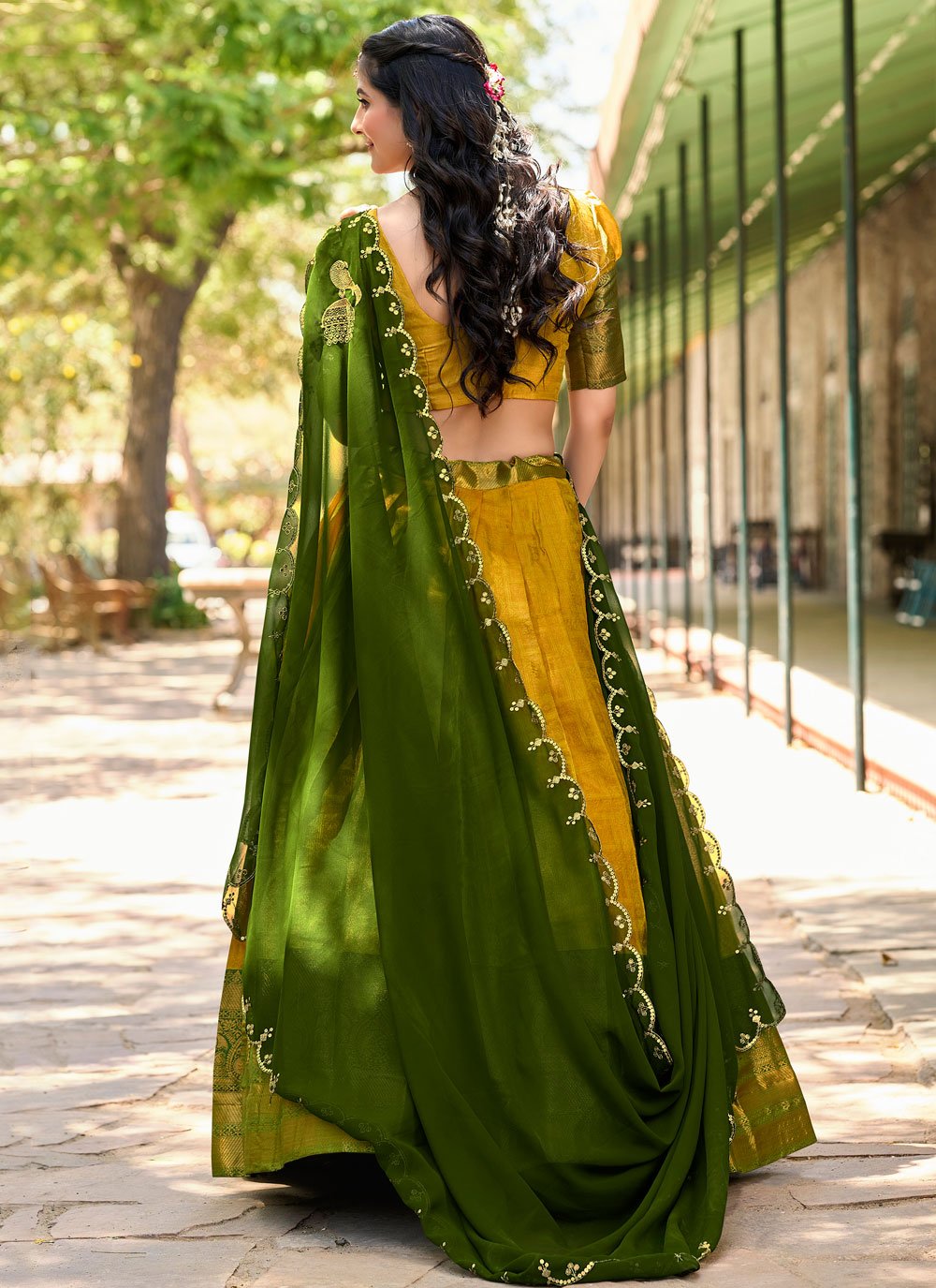 Lorenvalley Mustard Kanjivaram Silk Zari Weaving Lehenga Choli with Dupatta | Swadesiicart