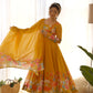 Lorenvalley Parrot Soft Organza Silk With Floral Print Fully Flared Anarkali Pant With Dupatta Set - Mustard | Swadesiicart