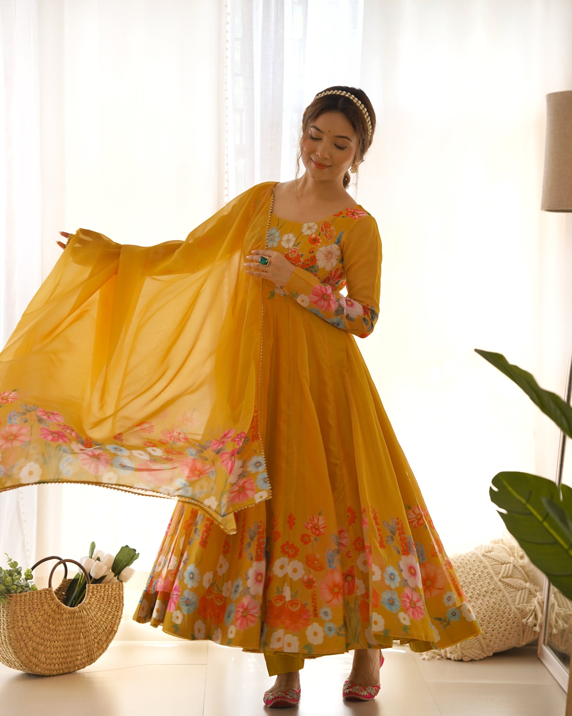 Lorenvalley Parrot Soft Organza Silk With Floral Print Fully Flared Anarkali Pant With Dupatta Set - Mustard | Swadesiicart