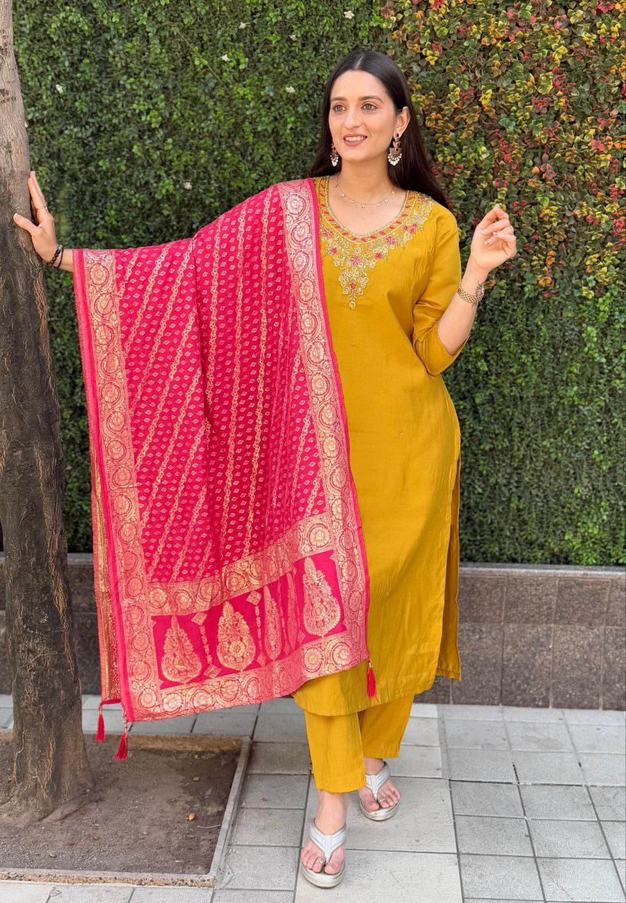 Lorenvalley Fashion Mustard Roman Silk Hand Work Kurta Pant with Dupatta - Swadesiicart