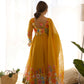 Lorenvalley Parrot Soft Organza Silk With Floral Print Fully Flared Anarkali Pant With Dupatta Set - Mustard | Swadesiicart