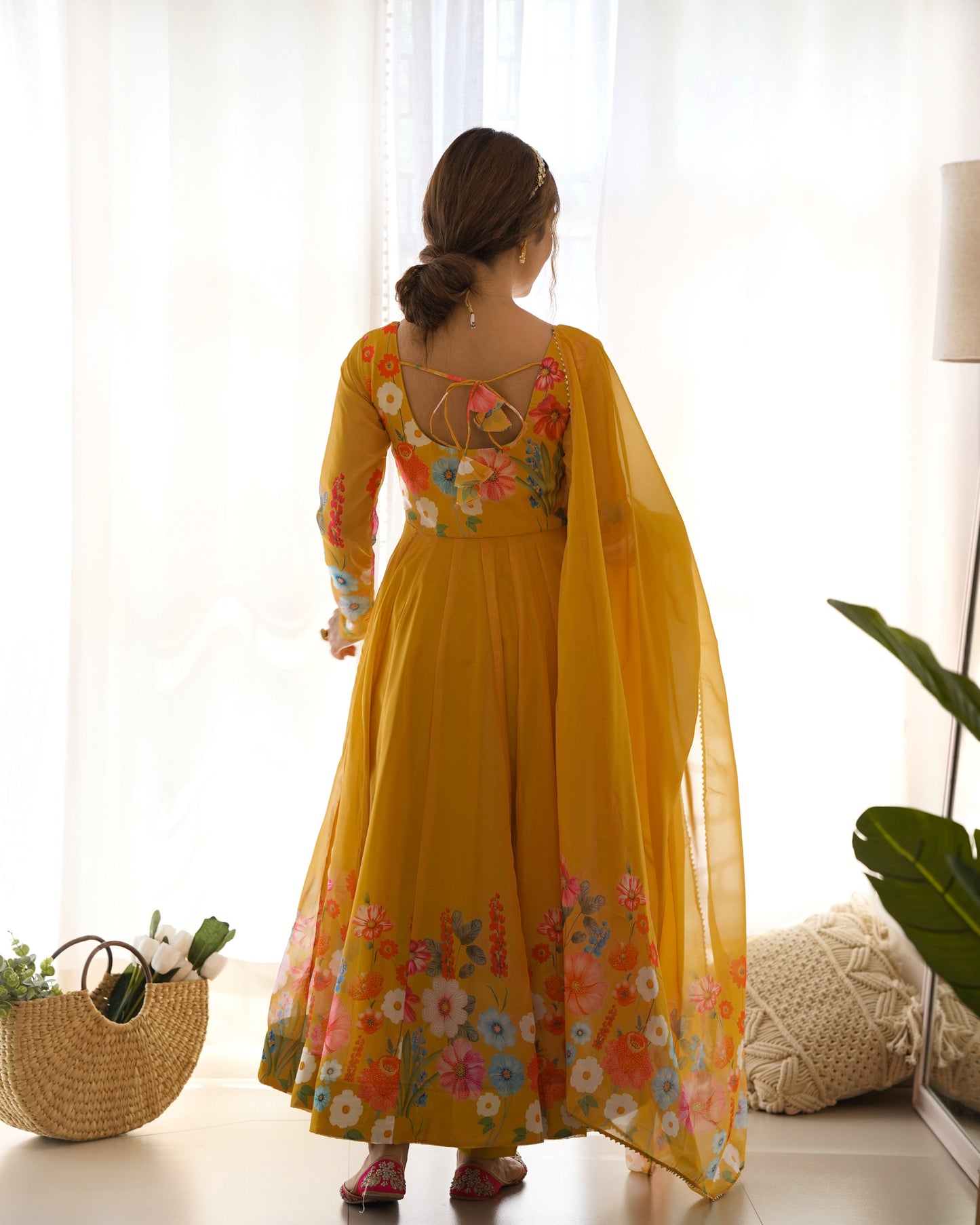 Lorenvalley Parrot Soft Organza Silk With Floral Print Fully Flared Anarkali Pant With Dupatta Set - Mustard | Swadesiicart