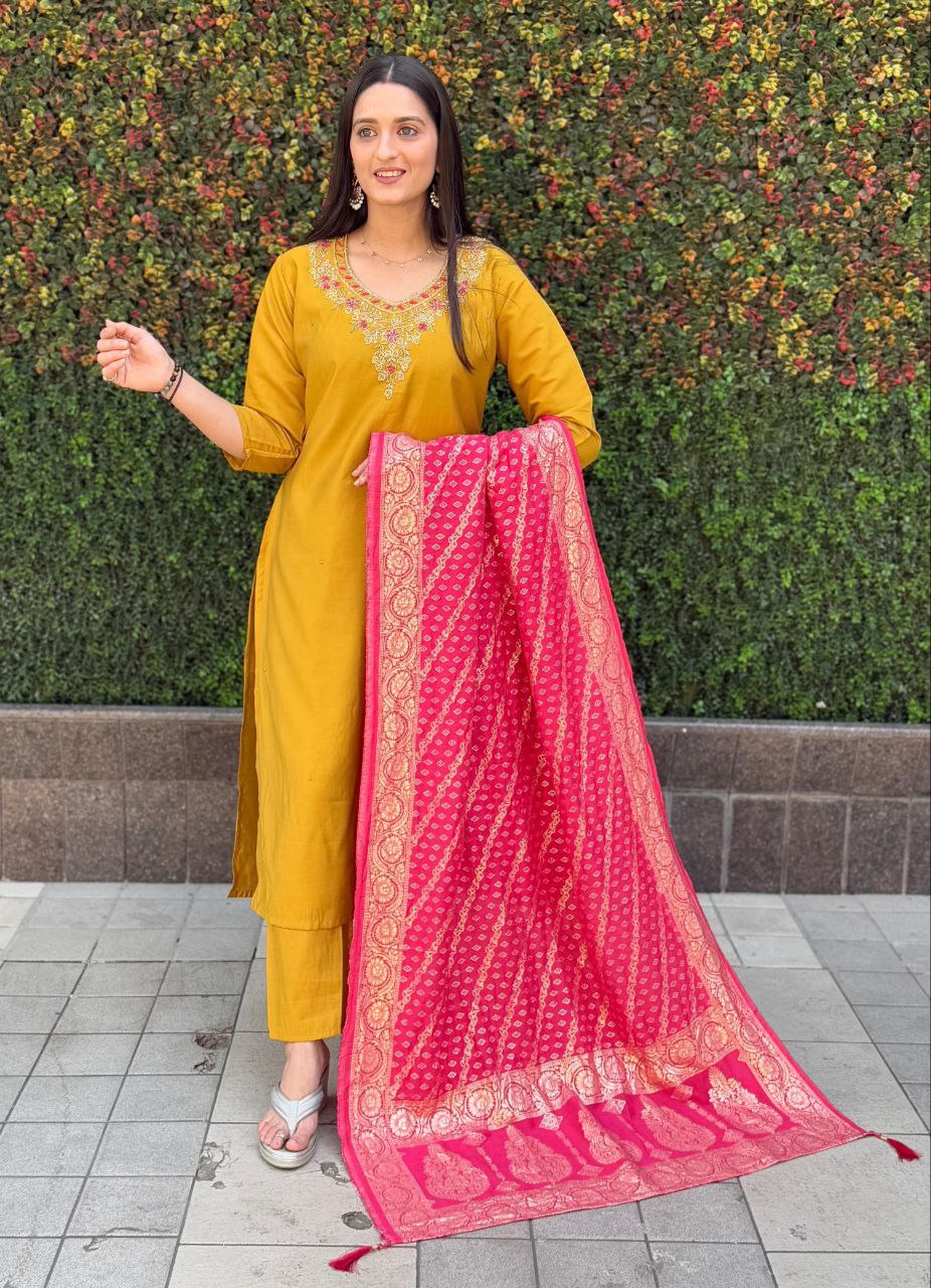 Lorenvalley Fashion Mustard Roman Silk Hand Work Kurta Pant with Dupatta - Swadesiicart