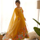 Lorenvalley Parrot Soft Organza Silk With Floral Print Fully Flared Anarkali Pant With Dupatta Set - Mustard | Swadesiicart