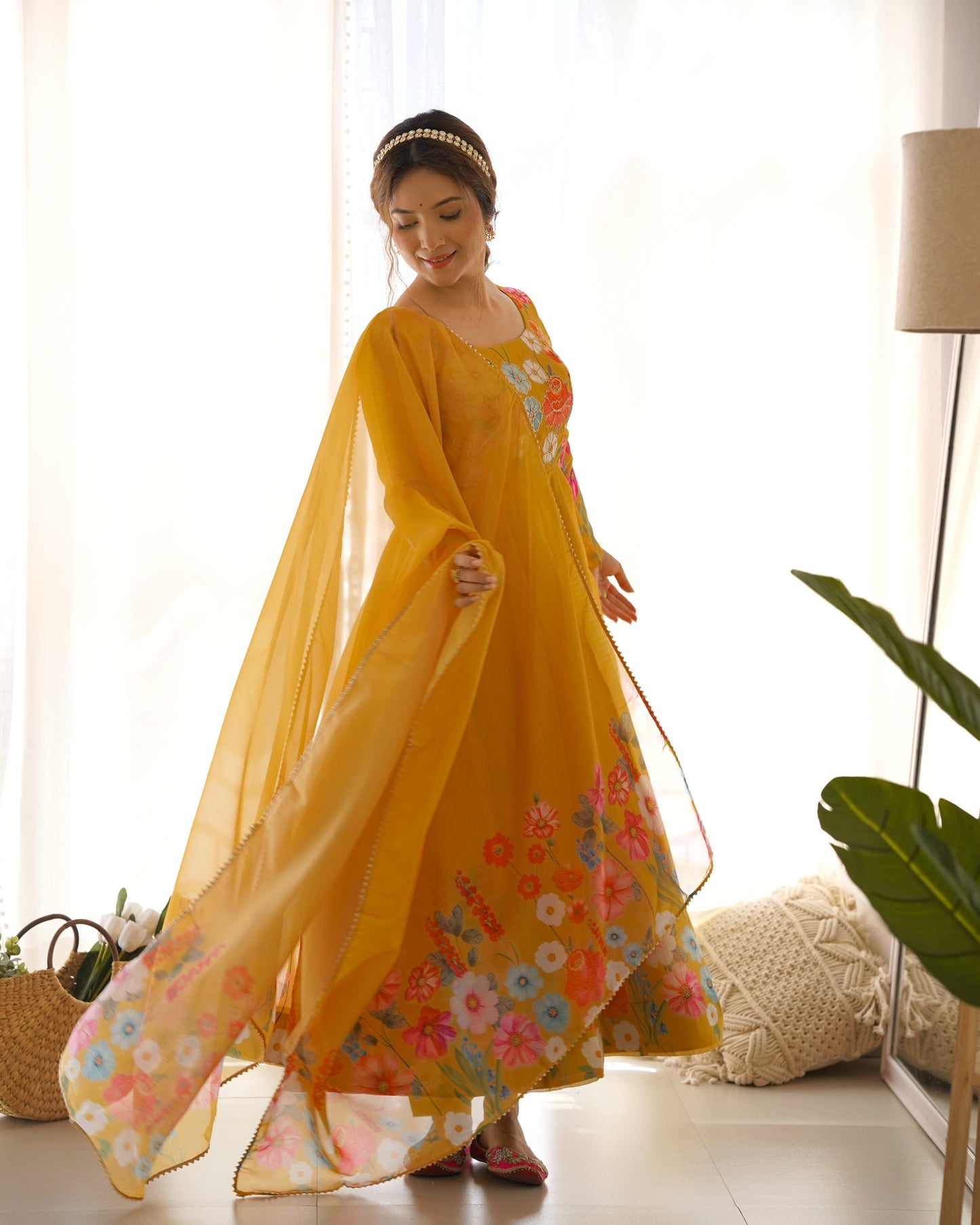 Lorenvalley Parrot Soft Organza Silk With Floral Print Fully Flared Anarkali Pant With Dupatta Set - Mustard | Swadesiicart