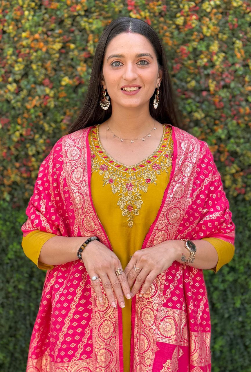 Lorenvalley Fashion Mustard Roman Silk Hand Work Kurta Pant with Dupatta - Swadesiicart