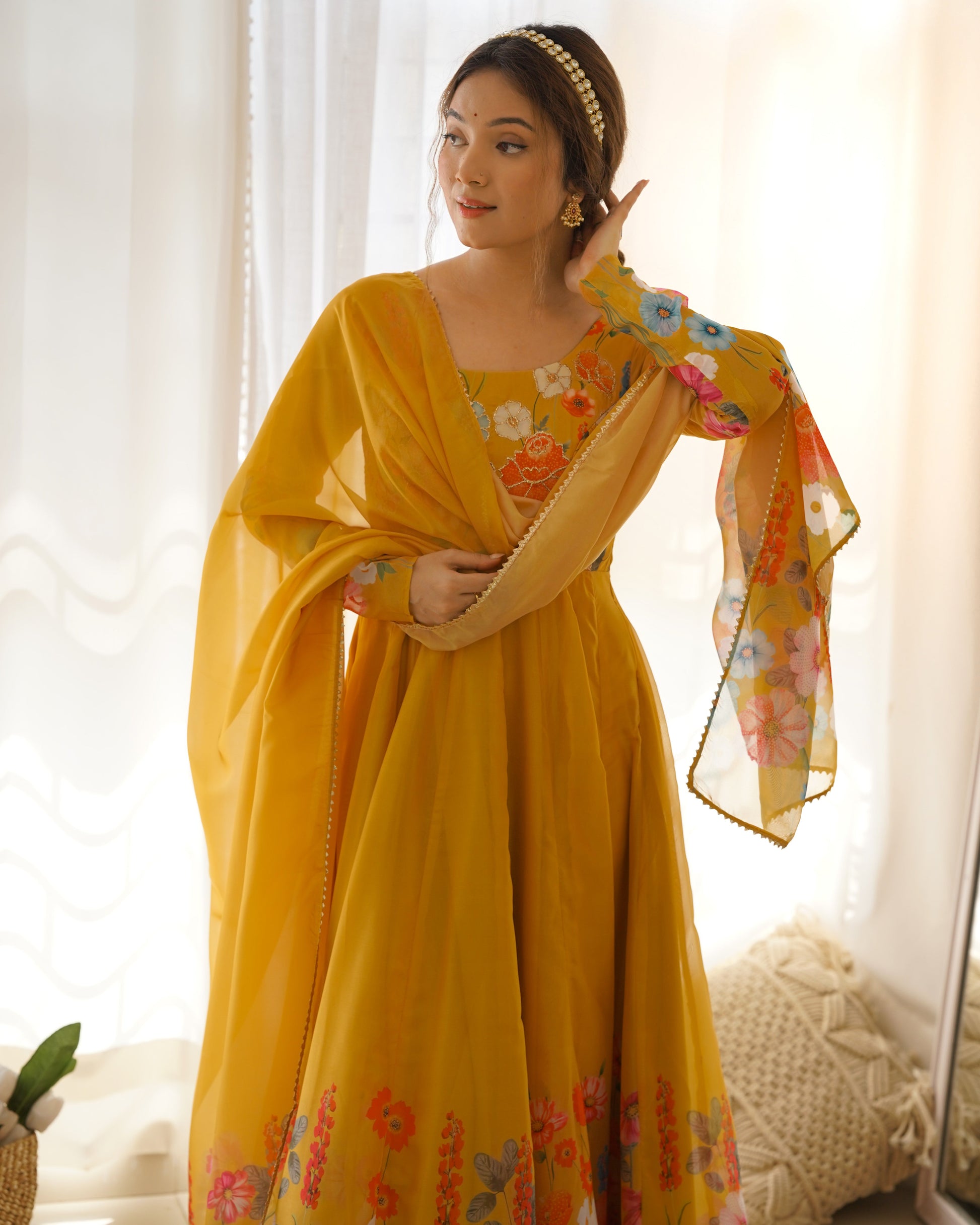 Lorenvalley Parrot Soft Organza Silk With Floral Print Fully Flared Anarkali Pant With Dupatta Set - Mustard | Swadesiicart
