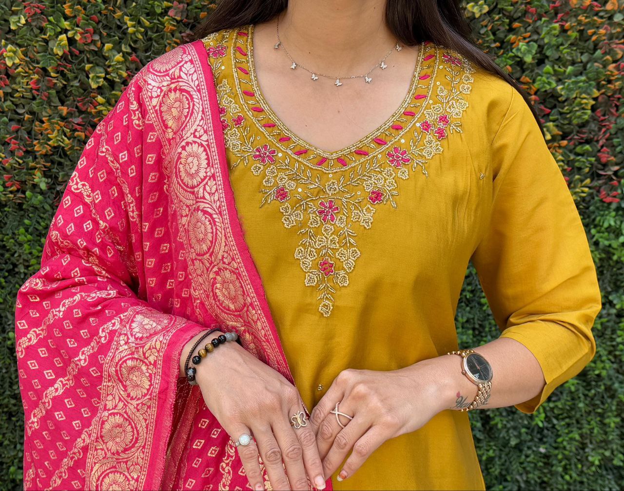 Lorenvalley Fashion Mustard Roman Silk Hand Work Kurta Pant with Dupatta - Swadesiicart