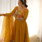 Lorenvalley Parrot Soft Organza Silk With Floral Print Fully Flared Anarkali Pant With Dupatta Set - Mustard | Swadesiicart