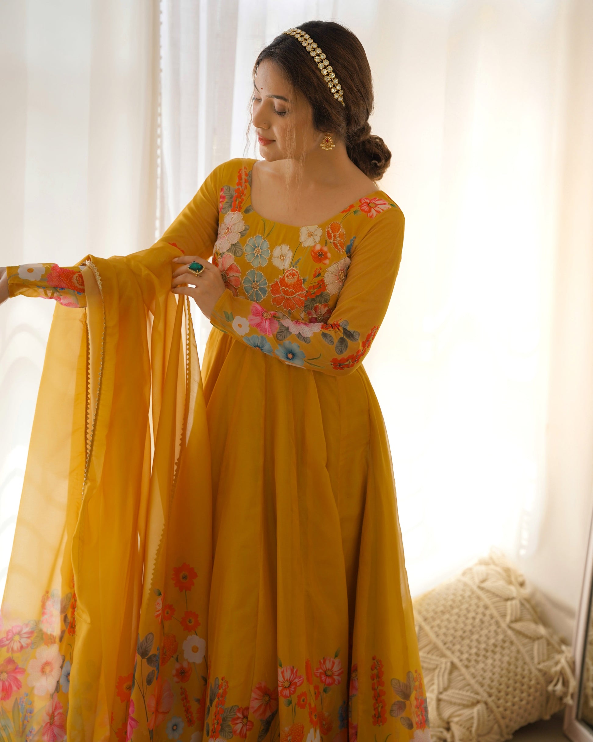 Lorenvalley Parrot Soft Organza Silk With Floral Print Fully Flared Anarkali Pant With Dupatta Set - Mustard | Swadesiicart