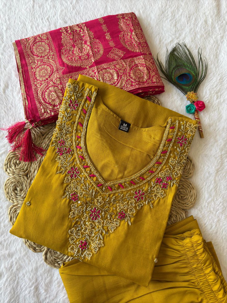 Lorenvalley Fashion Mustard Roman Silk Hand Work Kurta Pant with Dupatta - Swadesiicart