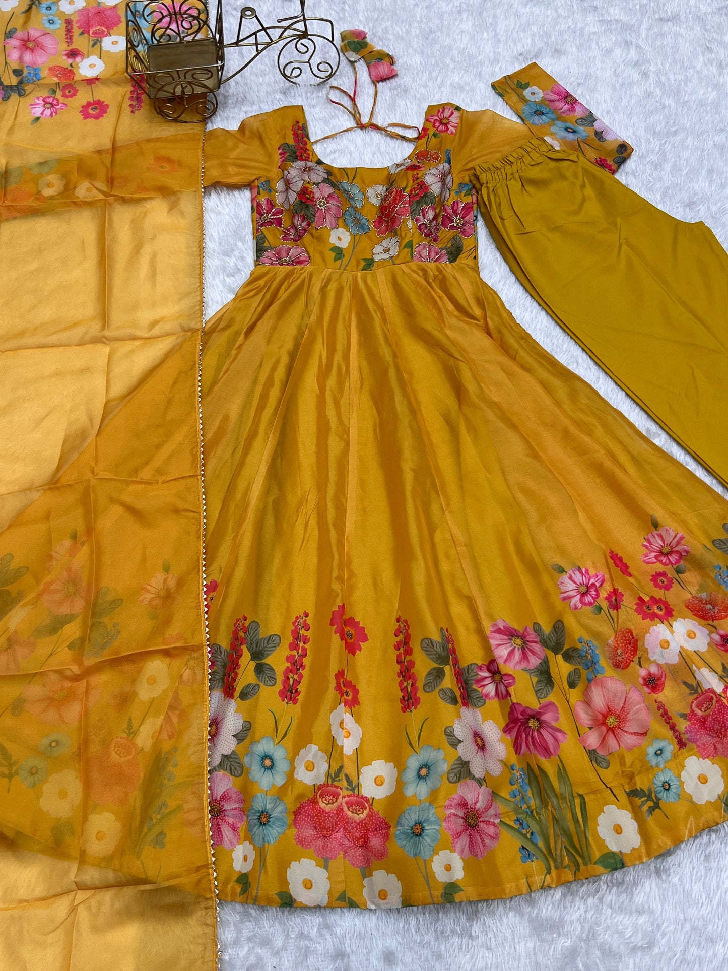 Lorenvalley Parrot Soft Organza Silk With Floral Print Fully Flared Anarkali Pant With Dupatta Set - Mustard | Swadesiicart