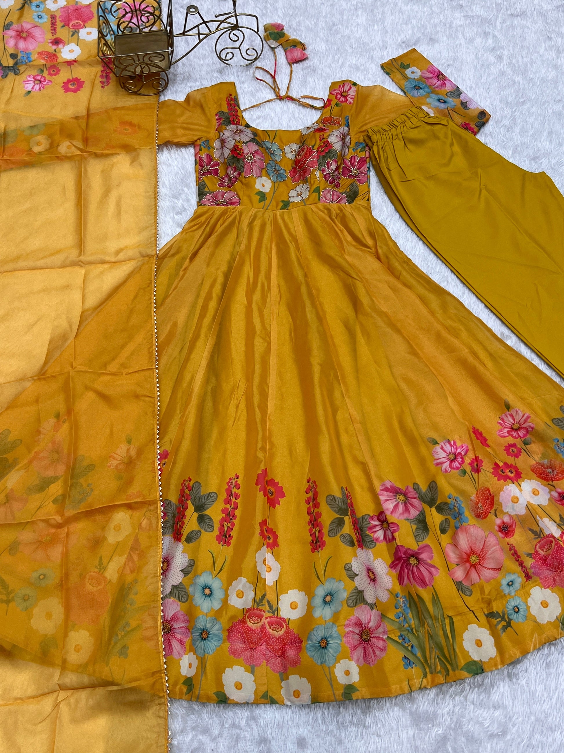 Lorenvalley Parrot Soft Organza Silk With Floral Print Fully Flared Anarkali Pant With Dupatta Set - Mustard | Swadesiicart