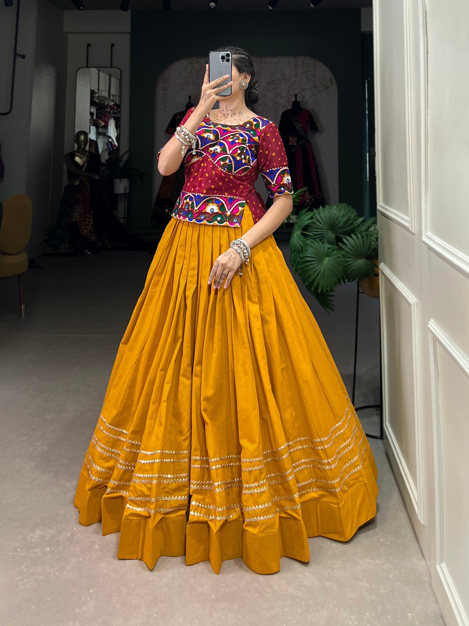 Lorenvalley Pure Cotton Mustard Plain With Gota Patti Touch Up Lehenga Choli | Swadesiicart