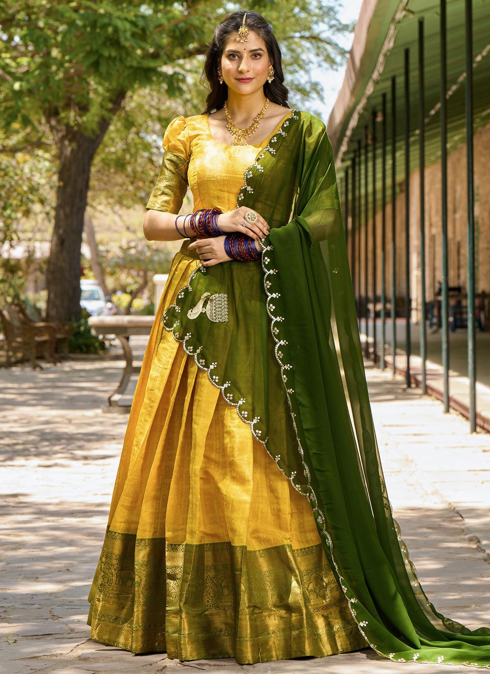 Lorenvalley Mustard Kanjivaram Silk Zari Weaving Lehenga Choli with Dupatta | Swadesiicart