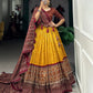 Lorenvalley Mustard Tussar Silk Bandhej And Ajarakh Print Lehenga Choli with Dupatta | Swadesiicart