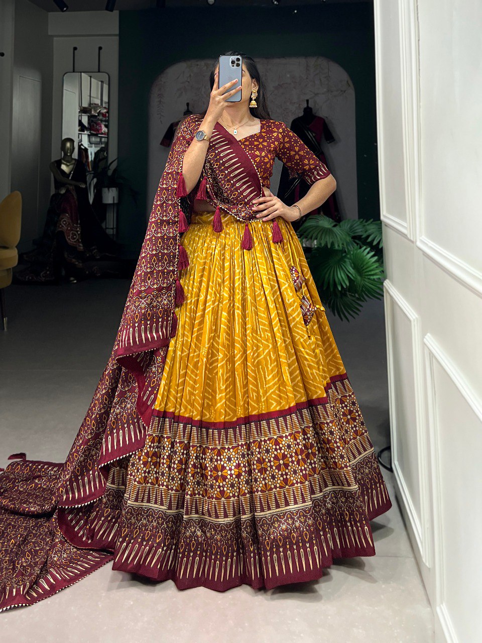Lorenvalley Mustard Tussar Silk Bandhej And Ajarakh Print Lehenga Choli with Dupatta | Swadesiicart