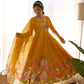 Lorenvalley Parrot Soft Organza Silk With Floral Print Fully Flared Anarkali Pant With Dupatta Set - Mustard | Swadesiicart